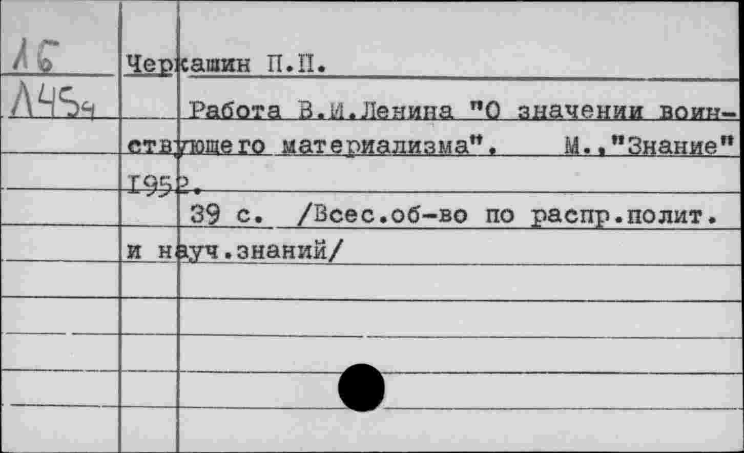 ﻿	Чер	сашин П.П.
Л^ч		Работа В.И.Ленина "0 значении воин-
	ств;	иошего материализма”.	М.."Знание"
	195	3
		39 с. /Всес.об-во по распр.полит.
	и н	»уч. знаний/
		
		
		
		
		-